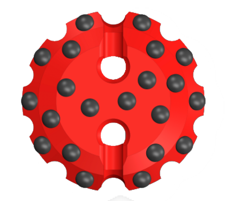 Roca muy dura y abrasiva. Bajo 30 mts/hr a 350 psi. Máxima protección al botones. periféricos (ayuda a triturar aun más la roca y piedras pequeñas). Óptima para ruptura de roca.